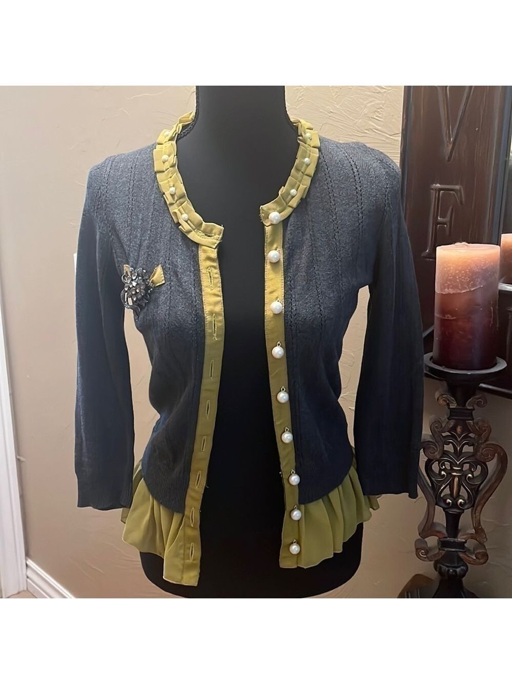 Twelve by Twelve Gray & Mustard Green Pearl Cardigan w/removable broach …